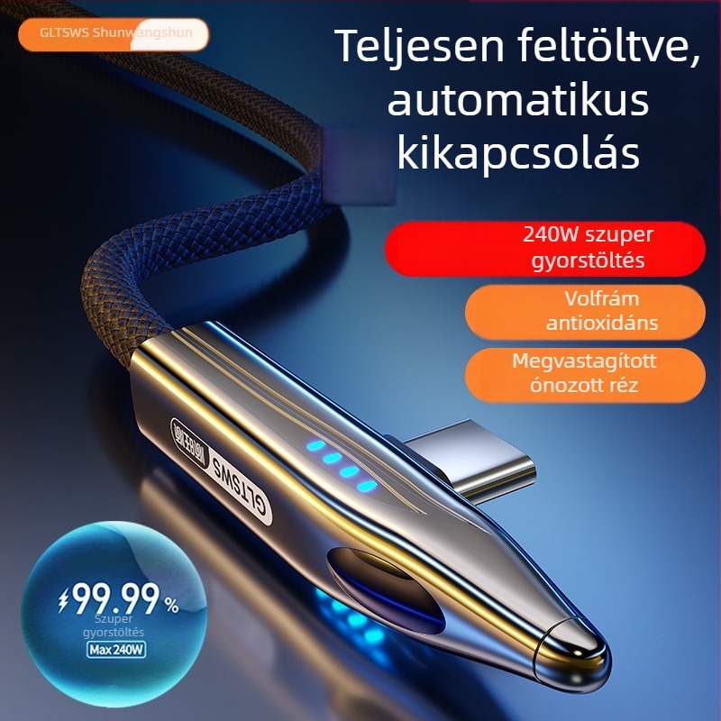 240W USB-C 90°-os szögű töltés- és adatkábel Huawei Type-C gyors töltéséhez és OnePlus készülékekhez, fonott kivitel, kijelzőfény