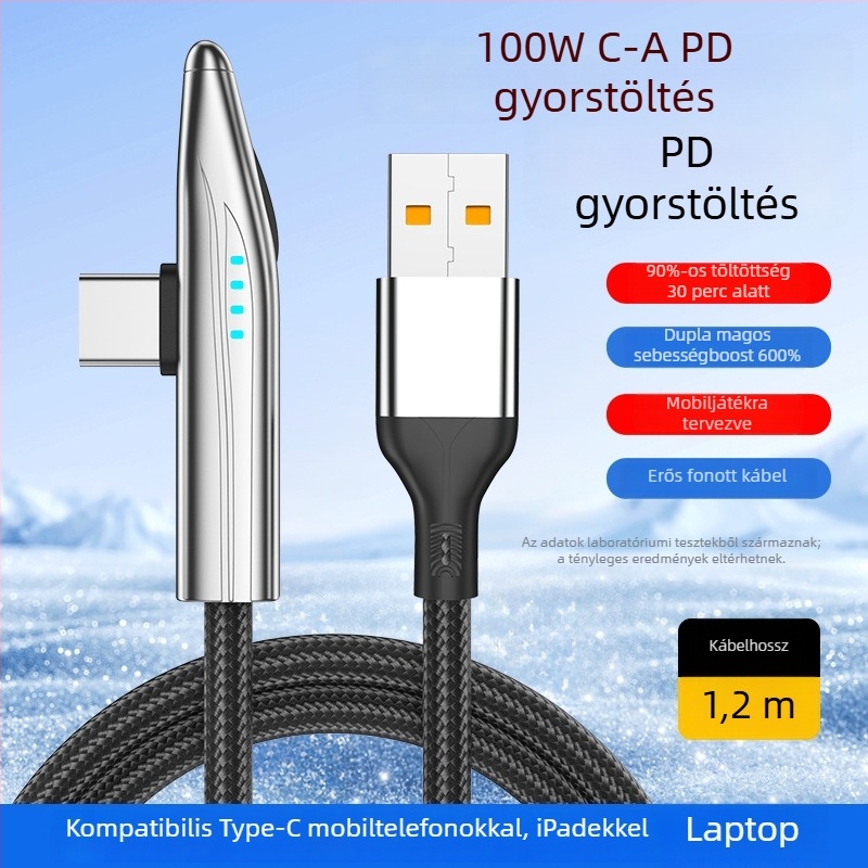 240W USB-C 90°-os szögű töltés- és adatkábel Huawei Type-C gyors töltéséhez és OnePlus készülékekhez, fonott kivitel, kijelzőfény
