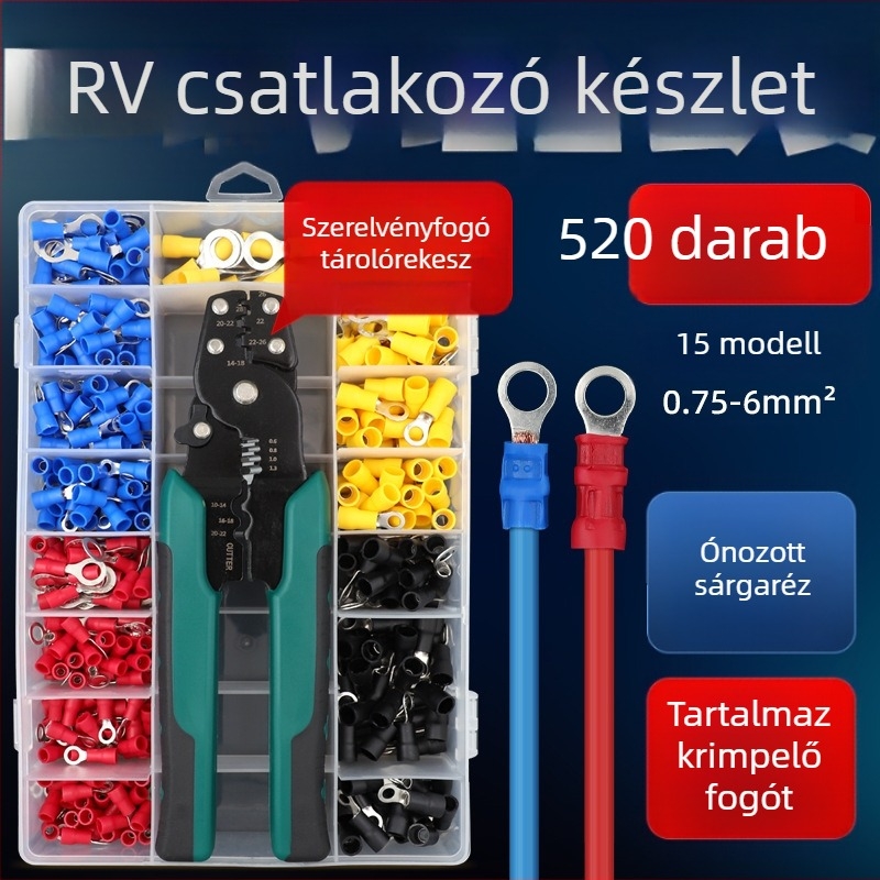 RV terminál, O-típusú, izolált, hideg présselésű terminál, kör alakú réz krimp, DIY fogókészlet