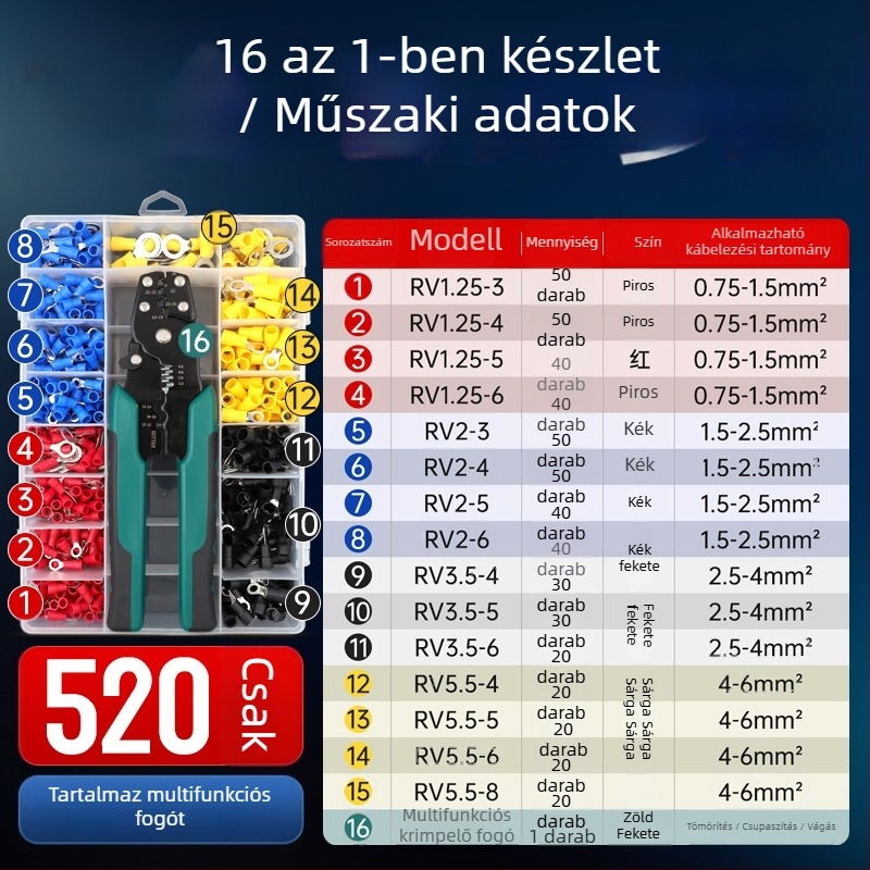 RV terminál, O-típusú, izolált, hideg présselésű terminál, kör alakú réz krimp, DIY fogókészlet