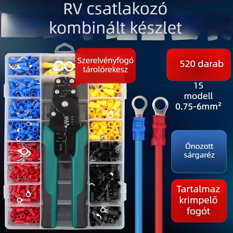 RV terminál, O-típusú, izolált, hideg présselésű terminál, kör alakú réz krimp, DIY fogókészlet