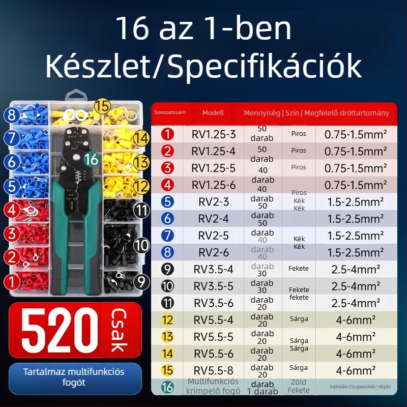 RV terminál, O-típusú, izolált, hideg présselésű terminál, kör alakú réz krimp, DIY fogókészlet