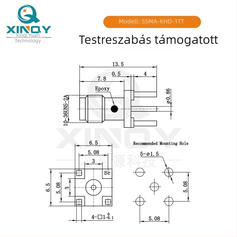 XINQY SSMA-KHD hosszított PCB RF csatlakozó, függőleges szereléshez forrasztás