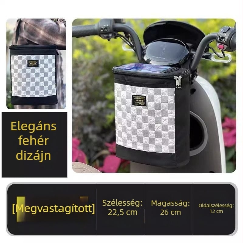 Elektromos kerékpár előre szerelhető táska, nagy kapacitású, vízálló, töltő és esőruha tárolására
