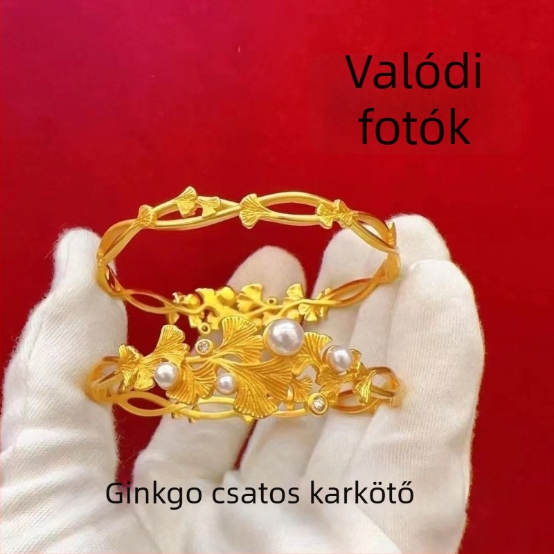 Női ginkgo levél karkötő arany tónusban, gyémánt- és gyöngyinlaidokkal, nyitott kivitel