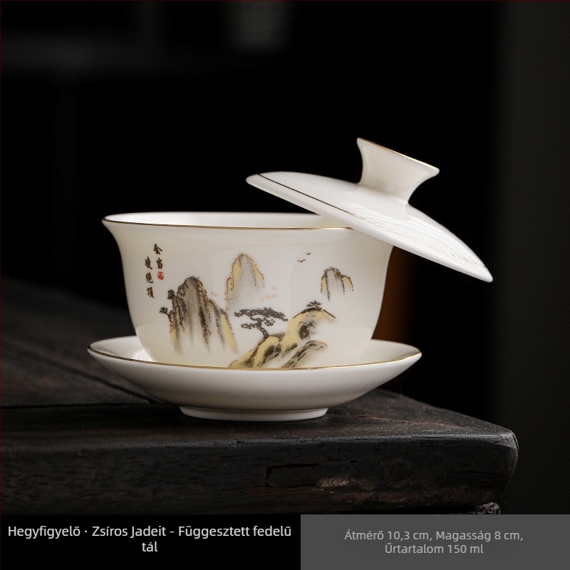 Nagy gaiwan fehér Dehua porcelánból, jade motívummal, teához; tartalmaz teáscsészét és Xishi teáskannát.