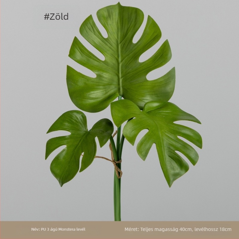 Műanyag Monstera levelek otthoni díszítésre, Monstera zöld növények, virágkötészeti anyagok, bukét formájú Monstera levelek