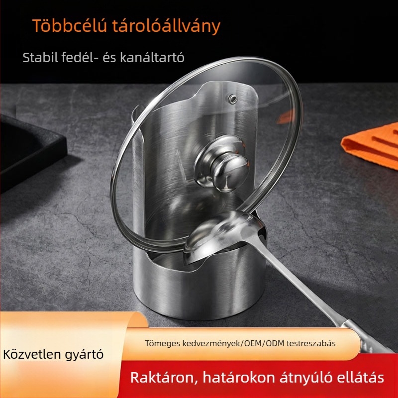 Rozsdamentes acél kanál- és spatula tartó tálcával, konyhai asztali szervező