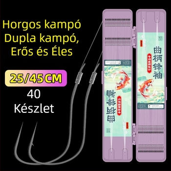 40 darab görbe horog éles csúccsal, dupla horog, rövid gubancmentesítő zsinór, kézzel kötve erős húzóerőhöz