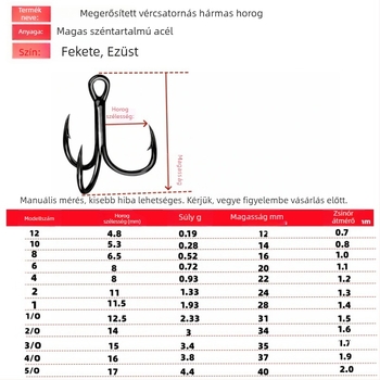 Erősített három horog horgászathoz, ezüstös bevonattal és fekete nikkel bevonattal, korróziónálló