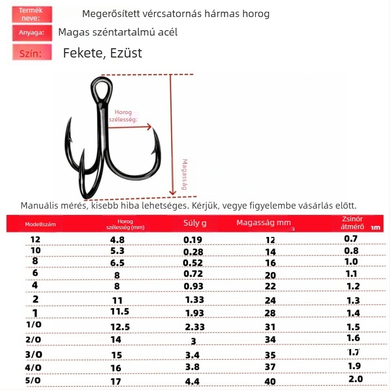 Erősített három horog horgászathoz, ezüstös bevonattal és fekete nikkel bevonattal, korróziónálló