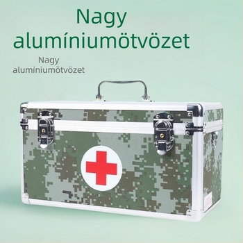 Nagy kamuflált elsősegély doboz alumíniumötvözetből, 14 hüvelykes kültéri terepi orvosi doboz zárható fedéllel, többszintű rekeszekkel (üres)