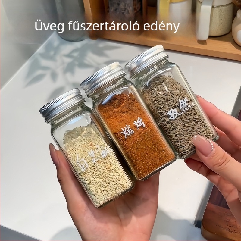 Élelmiszer-minőségű üveg fűszertartály, zárható és nedvességálló, konyhai, grill- és kemping használatra.