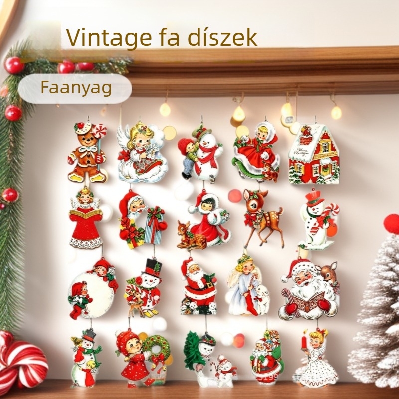 Karácsonyi fafüggő díszek – vintage stílus, természetes fa szín, kertre szánt dekoráció