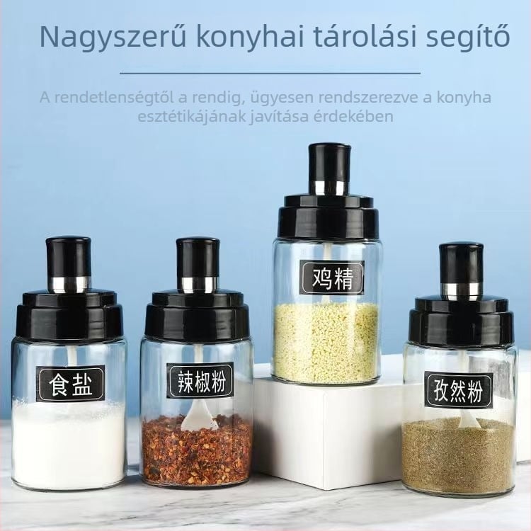 Üveg fűszertartó integrált kanalas fedéllel, nedvességálló sótartó, olaj- és fűszertartó üveg, élelmiszer-minőség