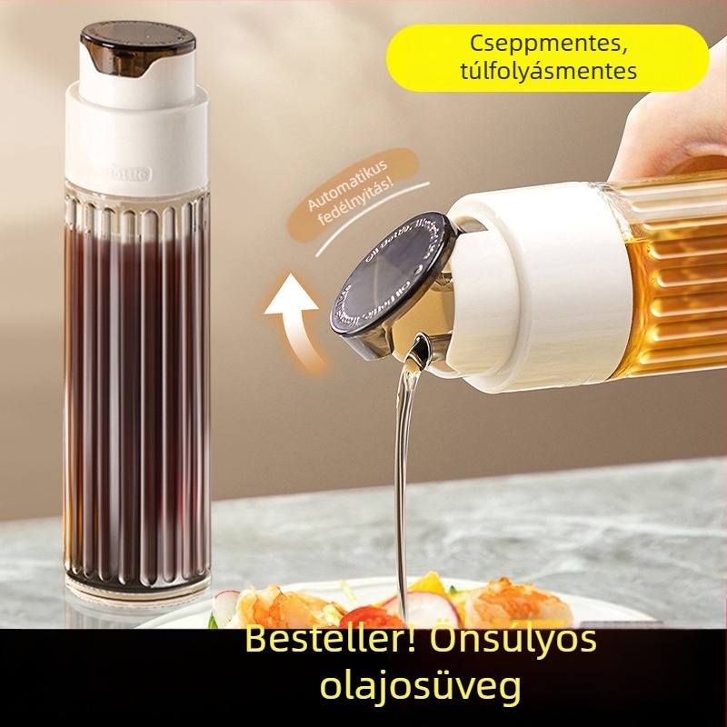 Gravitációs üveg olajtartó, cseppmentes, automatikus nyitás-zárás, szójaszósz, ecet, főzőbor és fűszerek