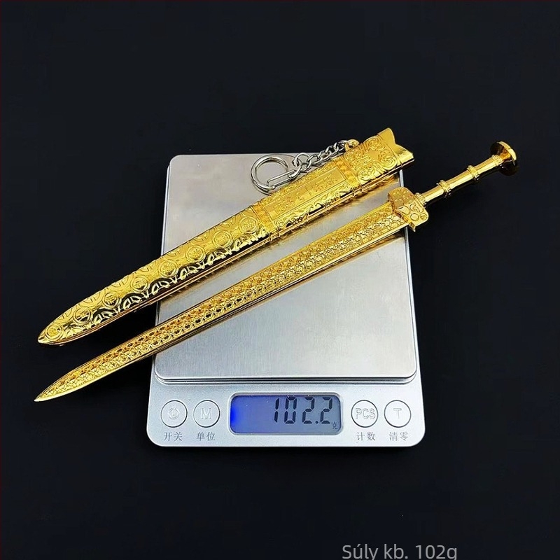 Goujian kard – 22 cm aranyszínű ötvözet asztali dísztárgy tokkal