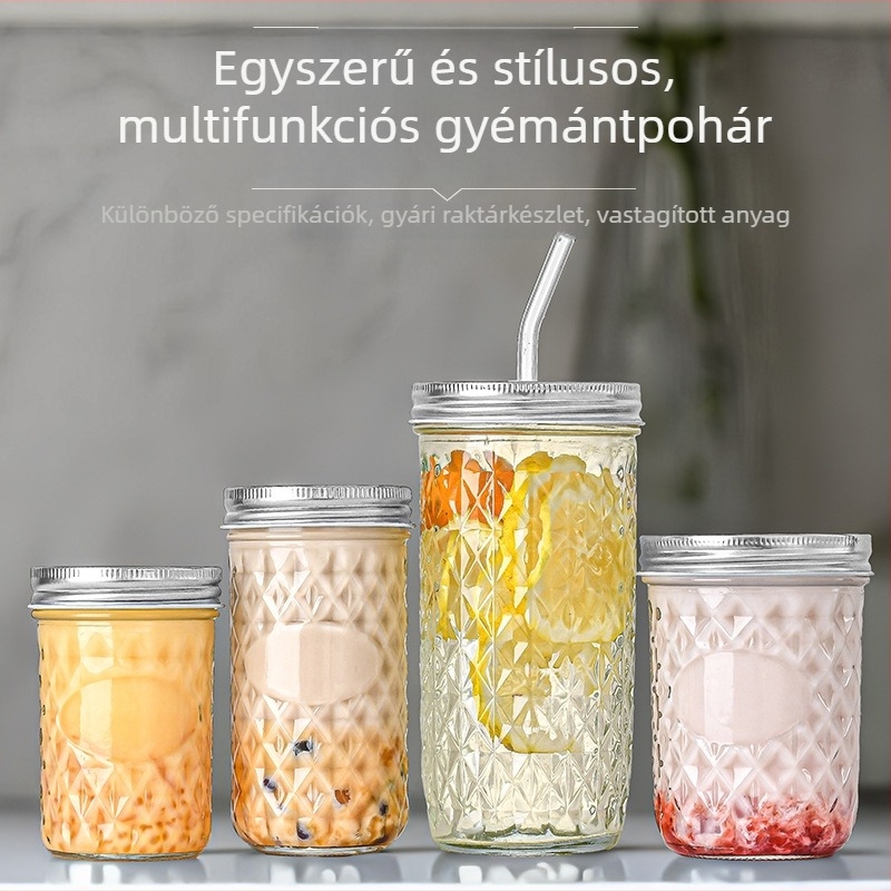 Mason üveg diamantszirmú mintás üvegpalack madárfészek adagolóval, lezárt lekvárosüveg, ikra szósz üveg, pörkölt üveg