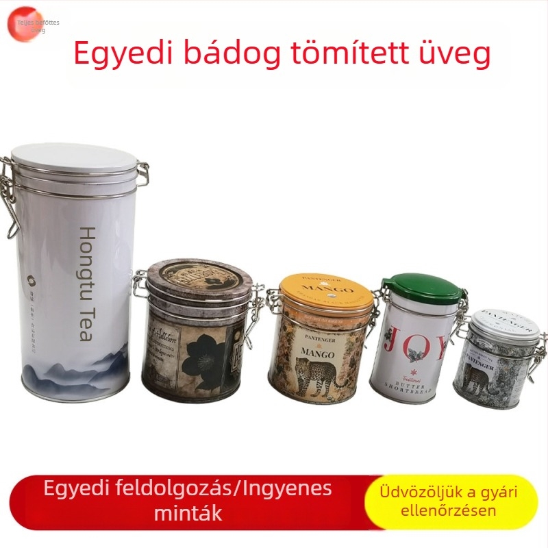 Csatos záras kerek teás fémdoboz bádogból