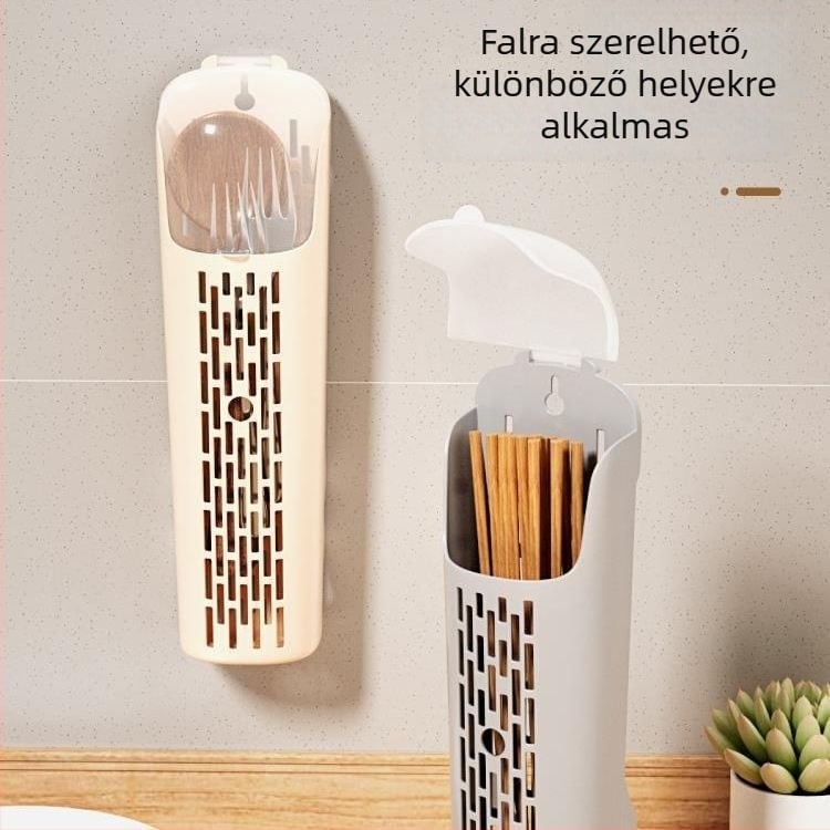 Műanyag evőpálcika tartó lefolyóval, falra szerelhető konyhai szervező fedéllel
