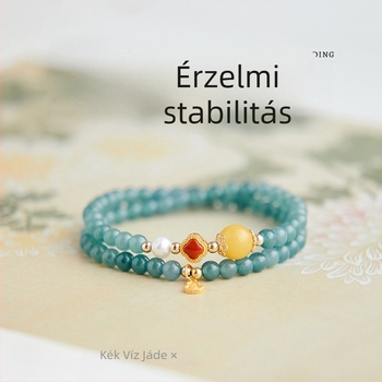 Kék-zöld jadeit karkötő jéghatású gyöngyökkel, dupla körös borostyán szerencsegyöngyökkel és imádsággyöngyökkel, új kínai stílusú pár ékszerek