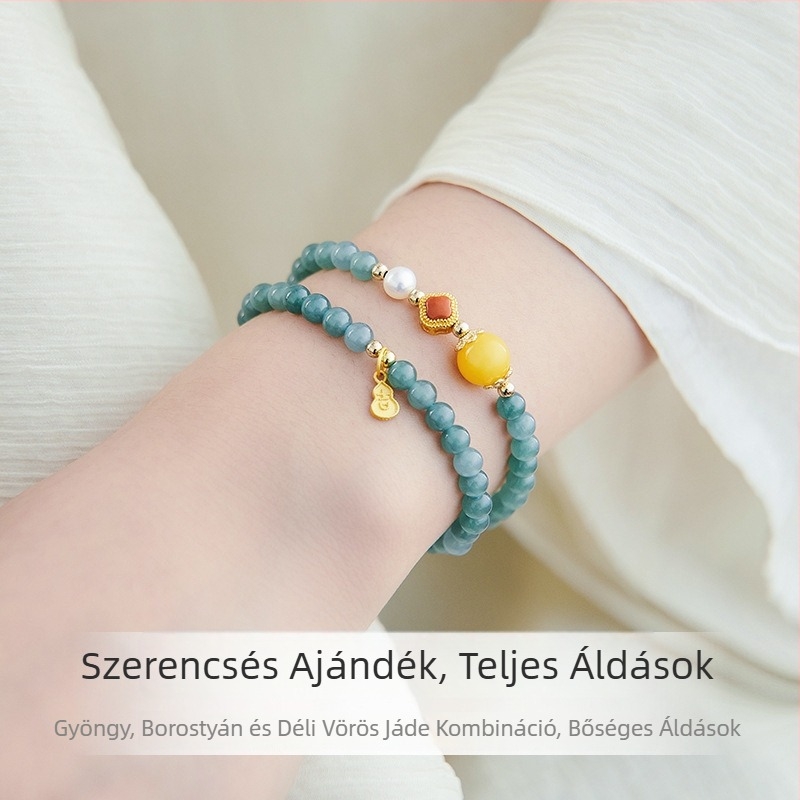 Kék-zöld jadeit karkötő jéghatású gyöngyökkel, dupla körös borostyán szerencsegyöngyökkel és imádsággyöngyökkel, új kínai stílusú pár ékszerek