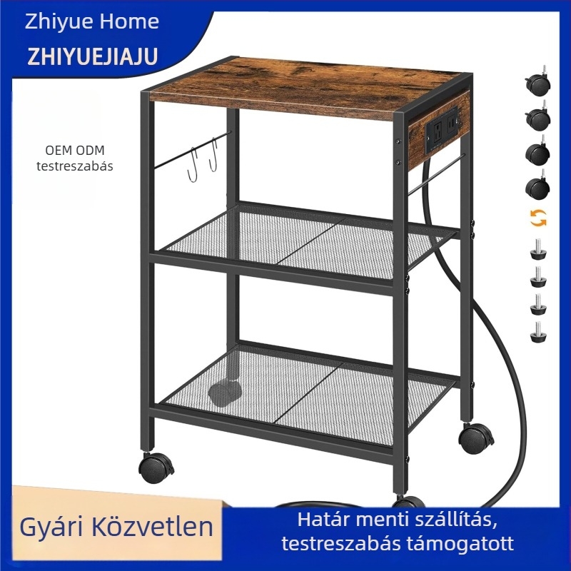 Háromszintes konyhai kocsi kerékkel - szénacél mikrohullámú állvány, sötétbarna