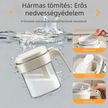 Zárt fűszertartó konyhához, üvegből készült nedvességálló fűszertartó doboz kanállal, nagy kapacitású sótartó