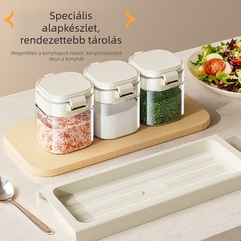 Zárt fűszertartó konyhához, üvegből készült nedvességálló fűszertartó doboz kanállal, nagy kapacitású sótartó
