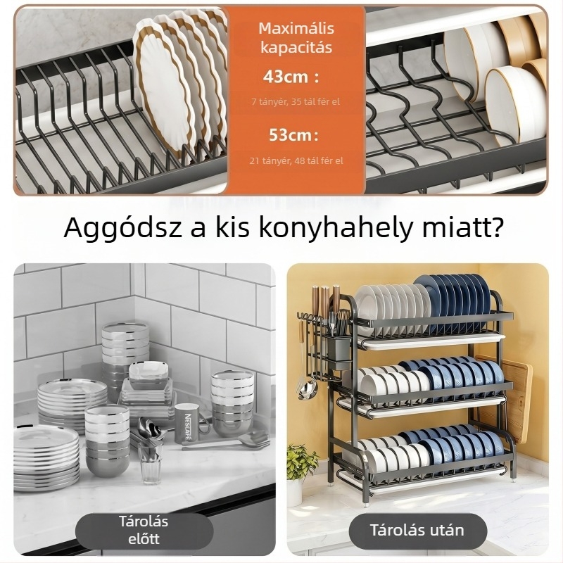 Konyhai pultszárító állvány tálakhoz, tányérokhoz, pálcikákhoz, késekhez és vágódeszkákhoz