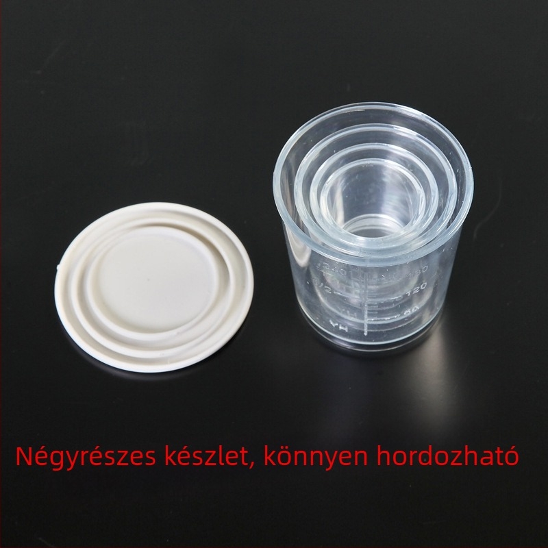 7 darab műanyag mérőedény horgászathoz, fedéllel és mérési skálával