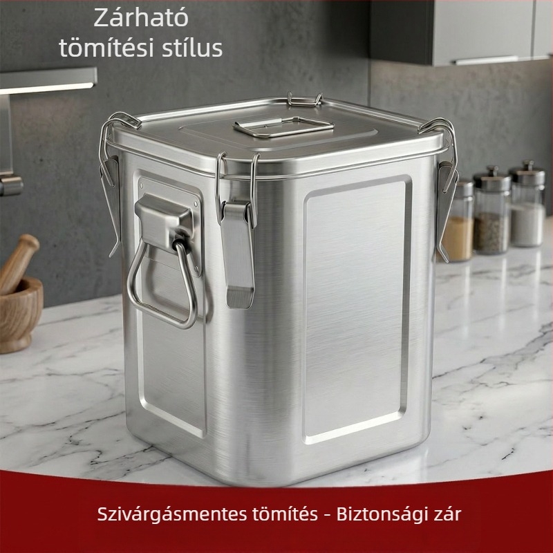 Felerősített rozsdamentes acél négyzet alakú tárolóedény dupla füllel, 9–10 liter, nedvesség- és kártevő-ellenálló, rizs, tea és szárított mandarinhéj tárolására