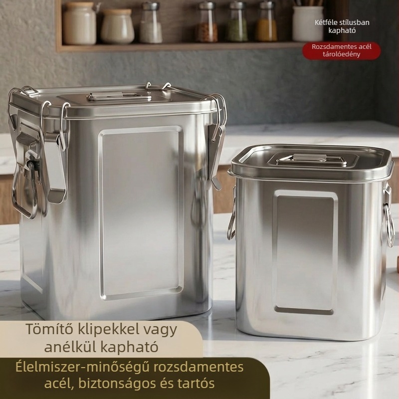 Felerősített rozsdamentes acél négyzet alakú tárolóedény dupla füllel, 9–10 liter, nedvesség- és kártevő-ellenálló, rizs, tea és szárított mandarinhéj tárolására