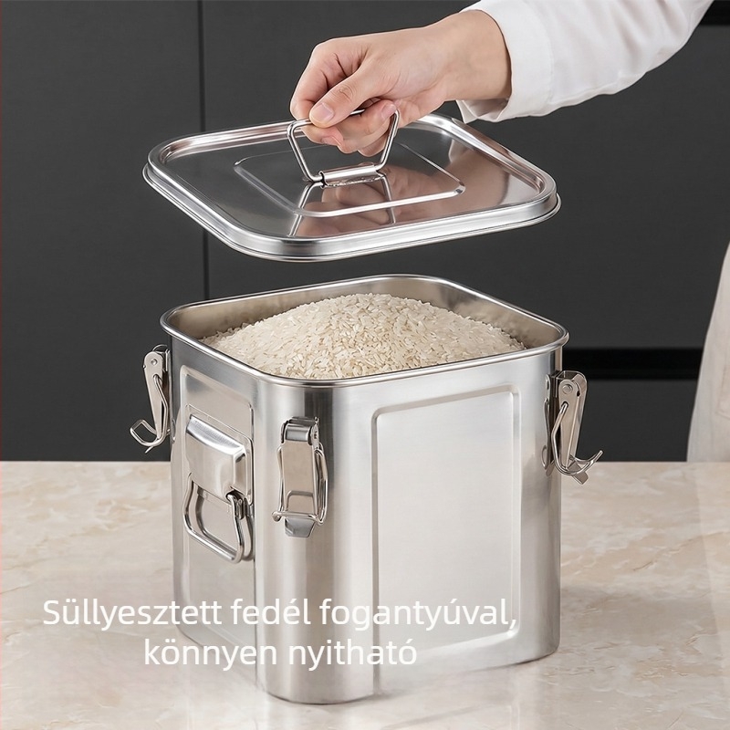 Felerősített rozsdamentes acél négyzet alakú tárolóedény dupla füllel, 9–10 liter, nedvesség- és kártevő-ellenálló, rizs, tea és szárított mandarinhéj tárolására