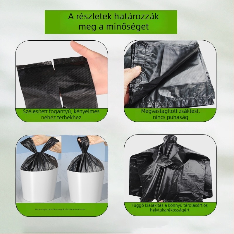 Fekete háztartási szemeteszsákok, megerősítettek, közepes és nagy méretűek, fogantyúval, egyszer használatos műanyag zacskók a konyhához