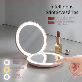 LED sminktükör, kétoldalas, világítással, kompakt kör alakú és hordozható