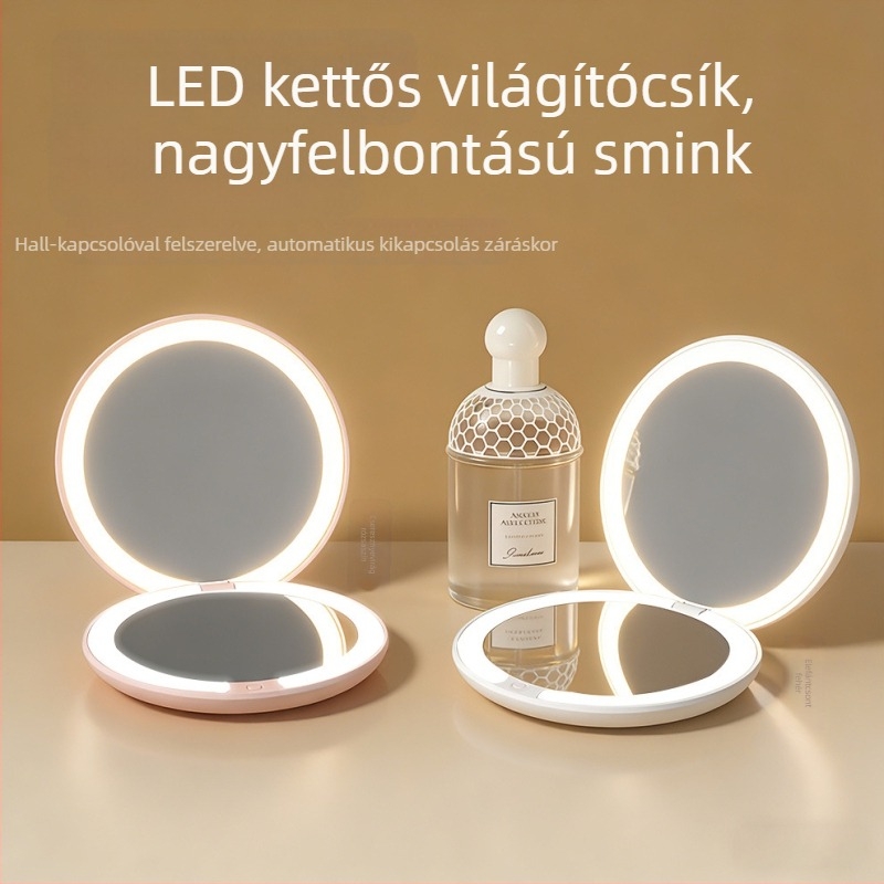 LED sminktükör, kétoldalas, világítással, kompakt kör alakú és hordozható