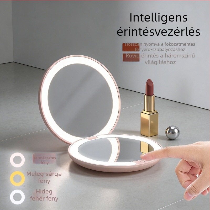 LED sminktükör, kétoldalas, világítással, kompakt kör alakú és hordozható