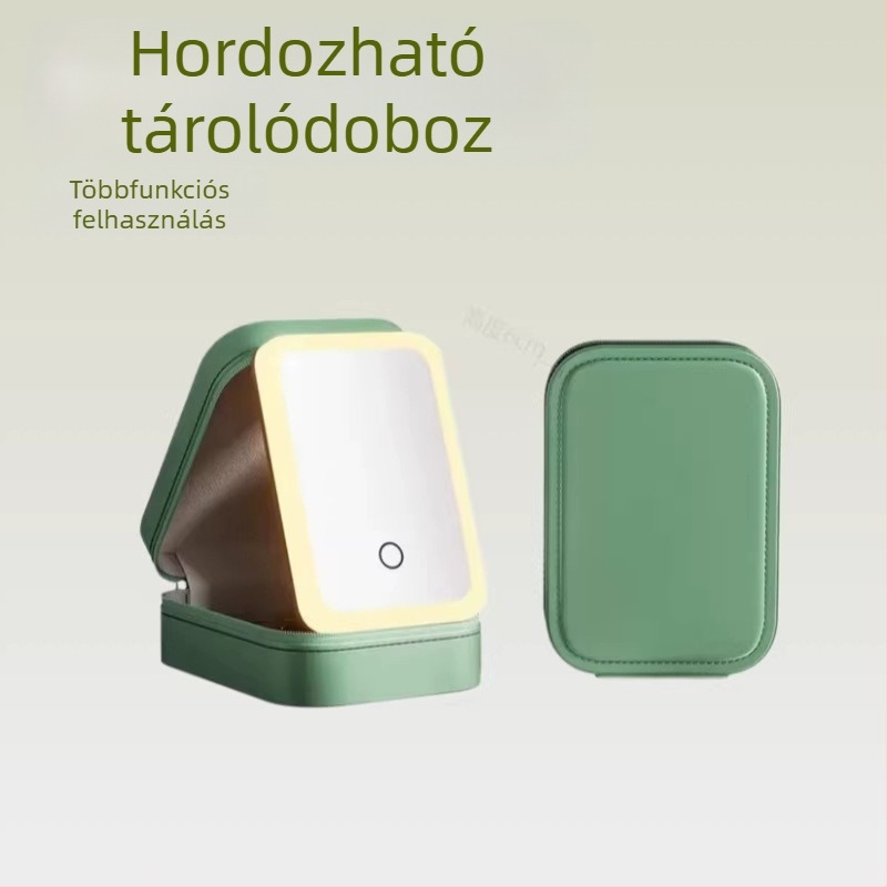 Bőr ékszerdoboz, összecsukható és hordozható, beépített LED világítással ellátott sminktükörrel, multifunkcionális utazási asztali kozmetikai szervező
