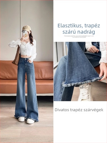 Vintage-stílusú női pamut farmer, magas derék, laza szabás, enyhén kiszélesedő szár, elasztikus, széles lábszár, ősz 2025