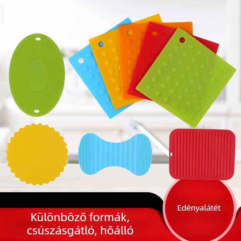 Szilikon edényalátét és pohár alátét, hőszigetelő asztali alátét, akasztóval ellátott négyzetes tálaló, szilikon konzervnyitó