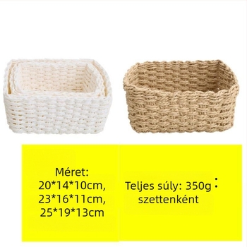 Három darabos tárolókosár-készlet szalmafonatból, kézzel készült papírkötéllel, fehér és off-white árnyalatok