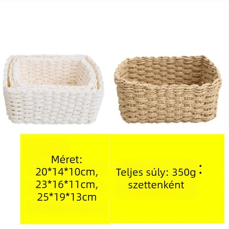 Három darabos tárolókosár-készlet szalmafonatból, kézzel készült papírkötéllel, fehér és off-white árnyalatok