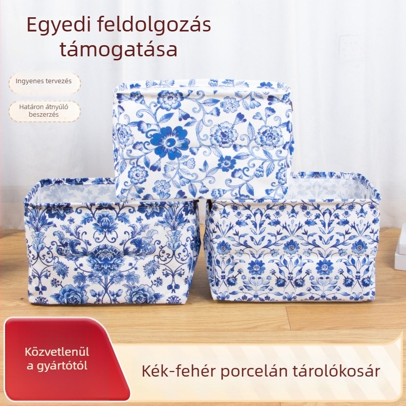 Személyre szabható kék-fehér porcelán kínai stílusú összecsukható tárolókosár, otthoni ruhákhoz