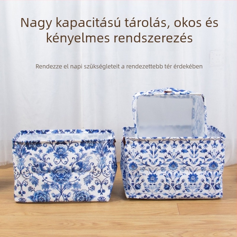 Személyre szabható kék-fehér porcelán kínai stílusú összecsukható tárolókosár, otthoni ruhákhoz