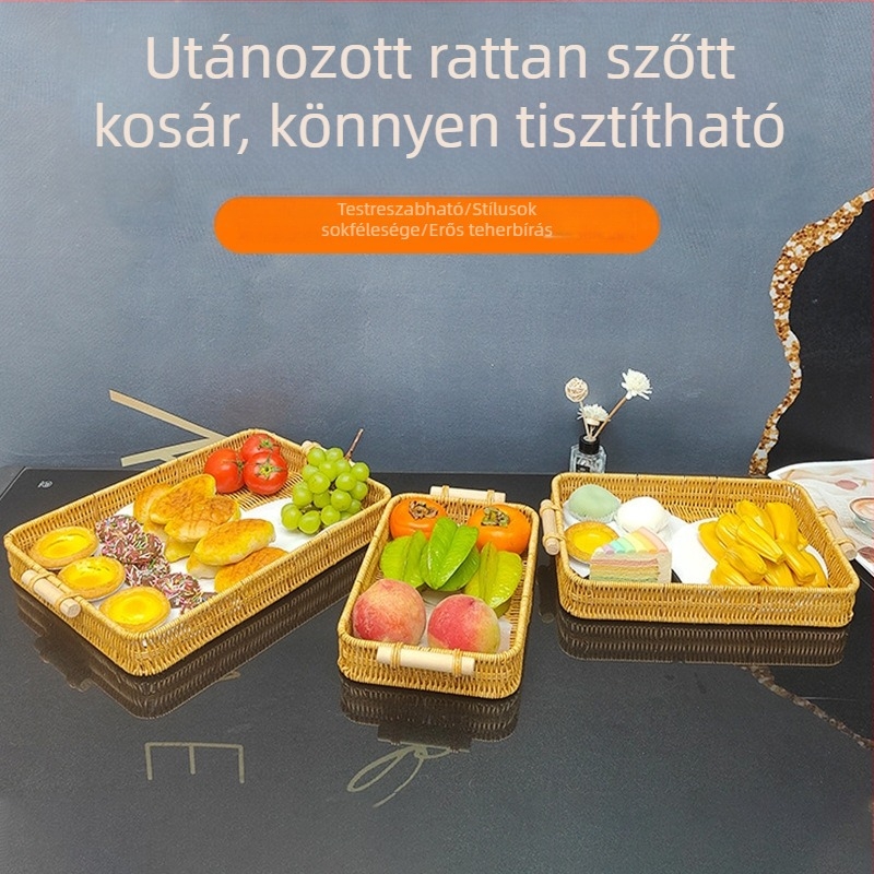 Mesterséges rattan fonott kosár, fa fogantyúval, asztali gyümölcstál és háztartási tároló