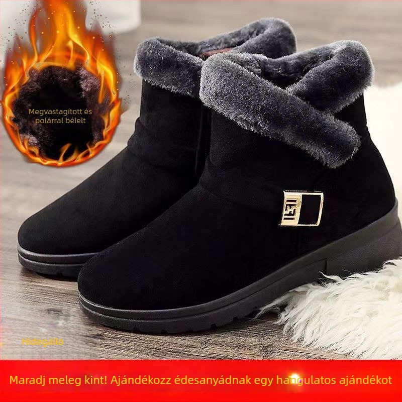 Téli slip-on cipő plüss béléssel, meleg, csúszásmentes, vastag talpú, nőknek középkorúaktól idős korig