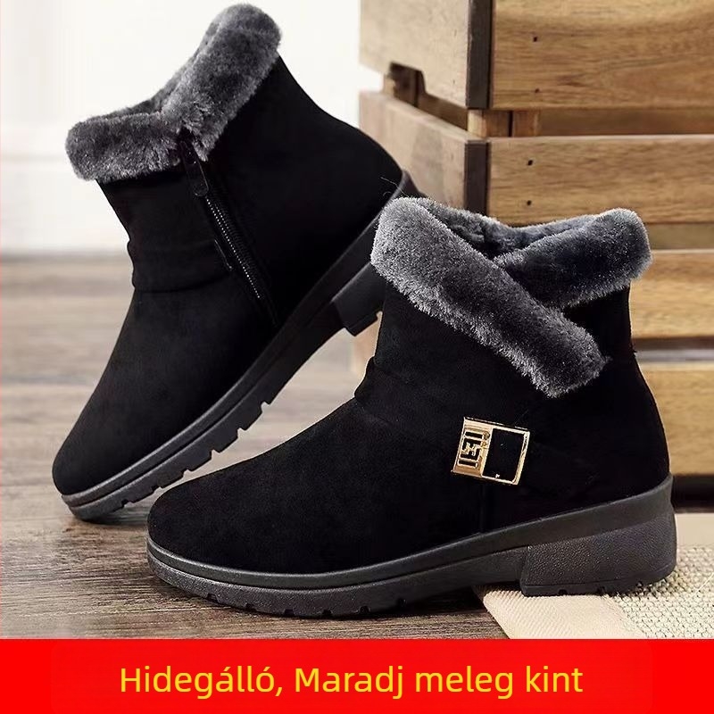 Téli slip-on cipő plüss béléssel, meleg, csúszásmentes, vastag talpú, nőknek középkorúaktól idős korig