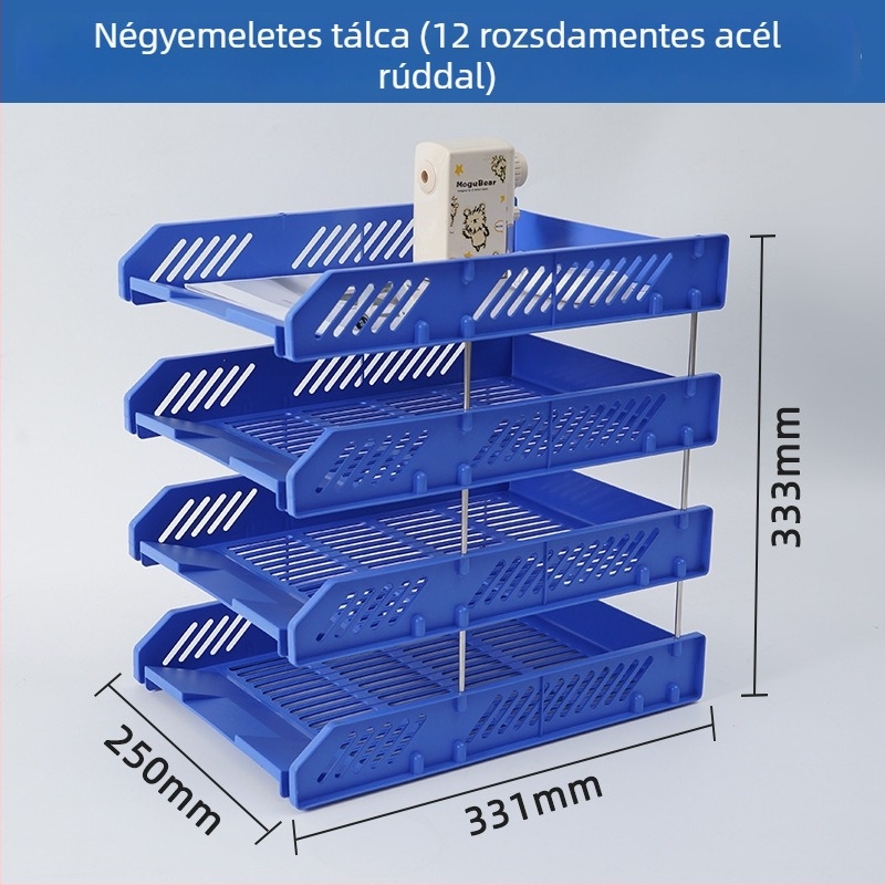 Háromszintes műanyag iratrendező az íróasztalhoz, dokumentumok rendezője