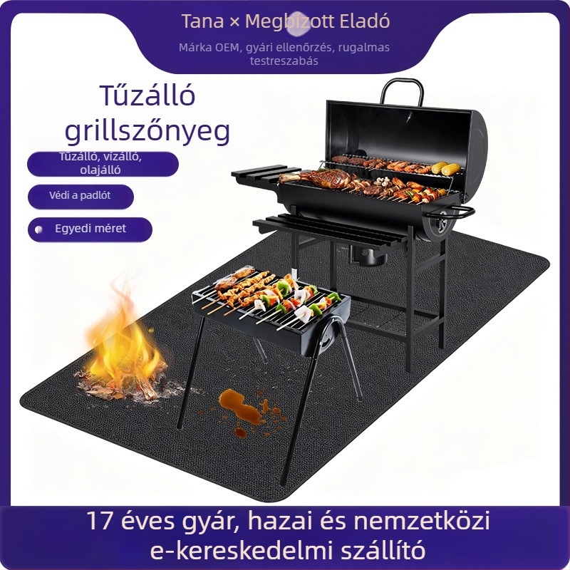 Kültéri tűzálló szőnyeg grillsütőhöz, kétoldalas szilikon‑üvegszálas felület, magas hőmérséklet-állóság, hőszigetelés, lángálló, foltálló padlóvédő